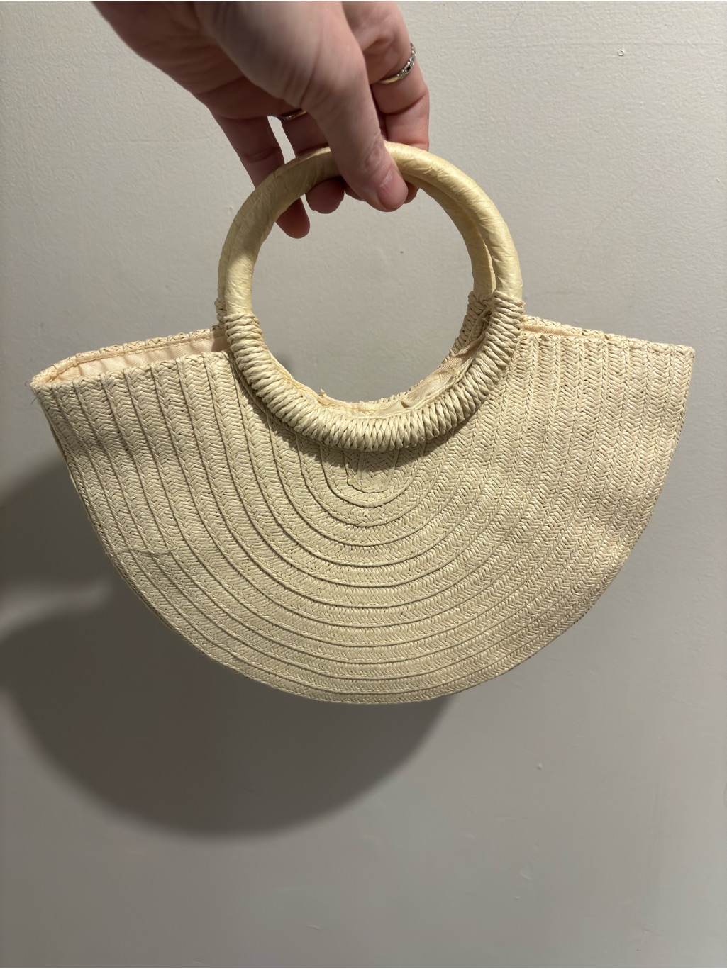 Woven Straw Style Handbag Tote Round Handles Cream Beige Boho Hippie